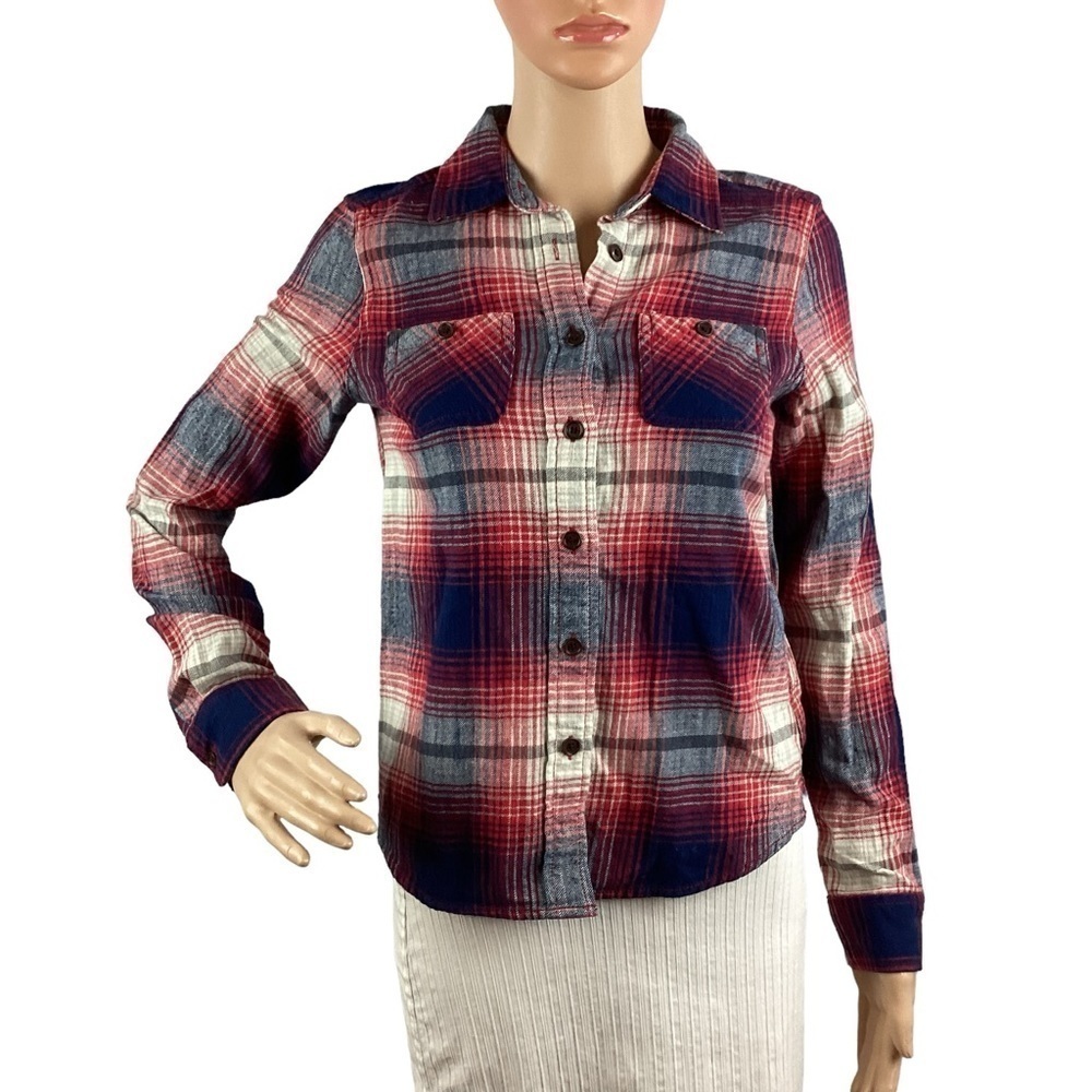 American Eagle Plaid Flannel Button Down Shirt Size 4 Red Blue